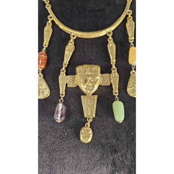 Vintage Goldette Necklace Egyptian Revival Dangling Glass Stones Gold-Tone AeB - Picture 2 of 6